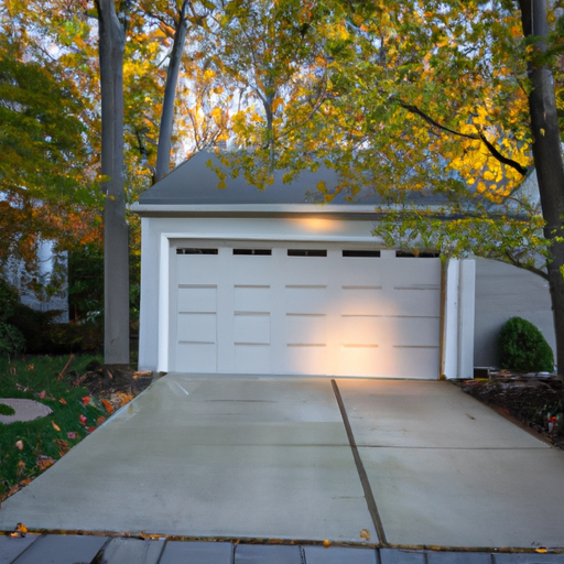 Suburban Tenafly home exterior showing a modern sectional garage door, driveway, and autumn trees, no people.