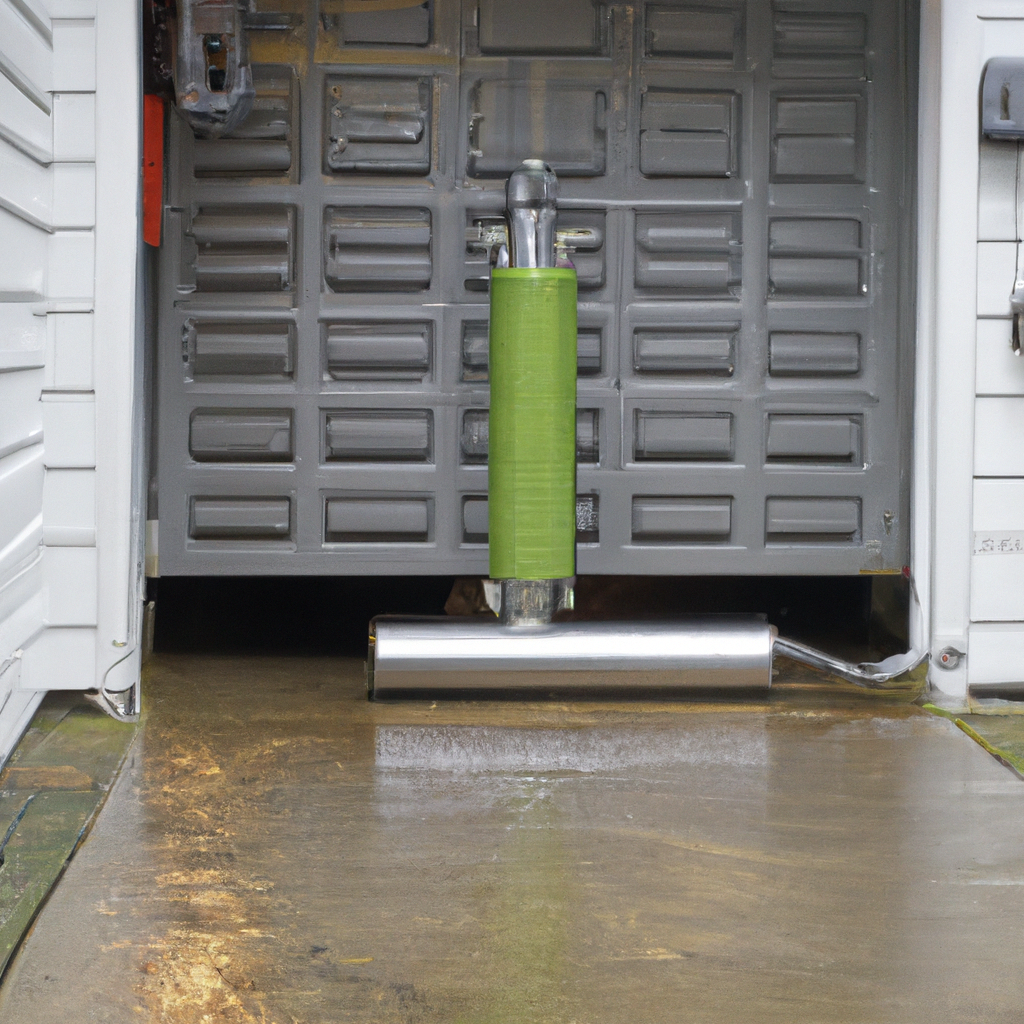 Close-up of a garage door roller and spring mechanism being lubricated on a suburban driveway