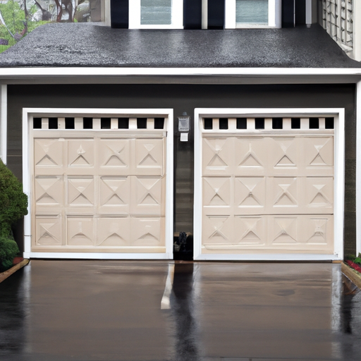 Suburban Tenafly home exterior with a closed two-car garage door and wet driveway after rain