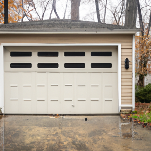 Suburban Tenafly garage with insulated door and visible weatherstripping after rain, no people.