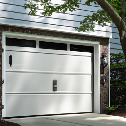 Modern steel garage door with smart keypad on a suburban Tenafly, NJ home exterior.