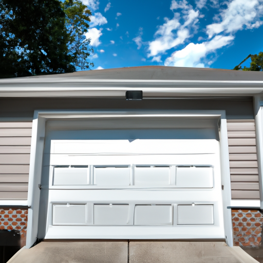 Suburban Tenafly home exterior showing a sectional garage door with weather seals, storm skirt, and a small smart camera under the eave.