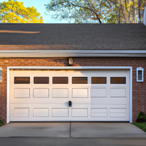Suburban Tenafly residential garage with a full closed door, brick facade, and trimmed landscaping at late afternoon light.