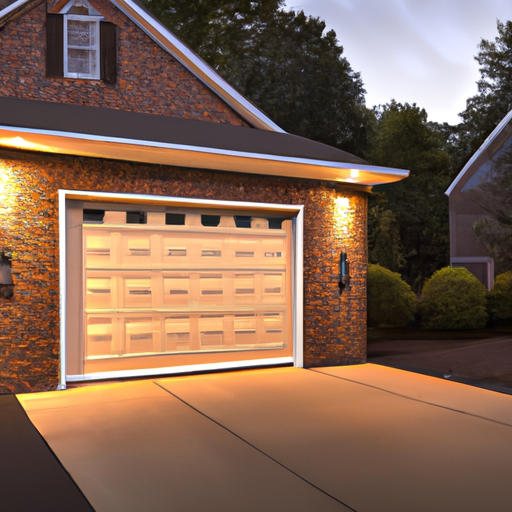 Tenafly suburban home at dusk with a modern paneled garage door visible, driveway in front, no people.