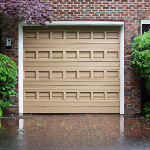 Brick Tenafly home with a closed modern garage door on a wet morning, no people.
