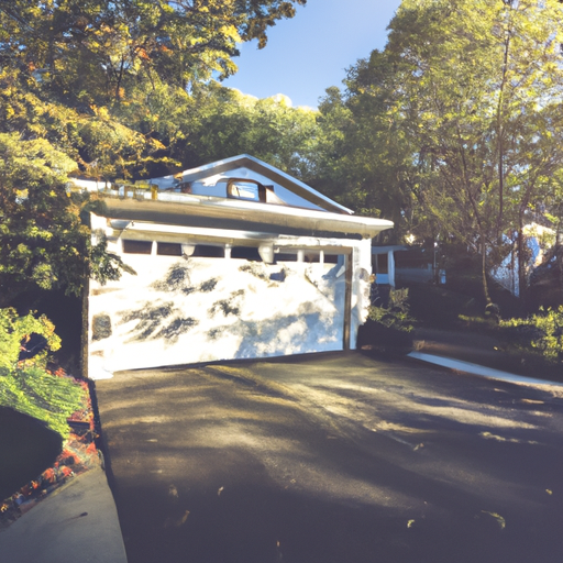 Suburban Tenafly home with a visible closed garage door and tree-lined street in late afternoon light