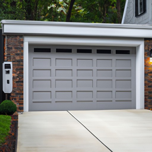 Suburban Tenafly house showing a modern garage door with smart keypad and wall-mounted hub, driveway visible under overcast sky.