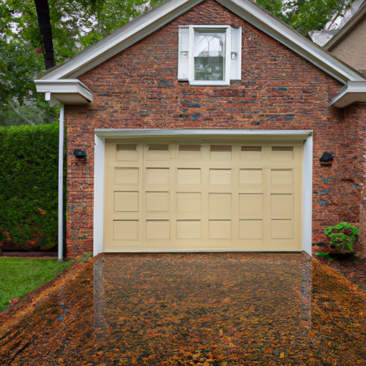 Suburban Tenafly home with a closed insulated sectional garage door and damp driveway, overcast light.