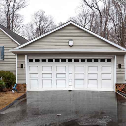 Tenafly suburban garage door and opener with wet driveway and light winter conditions, no people visible.