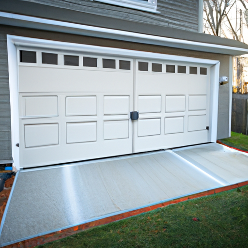 Insulated steel garage door on a suburban Tenafly, NJ home at dawn, showing panels and seals.
