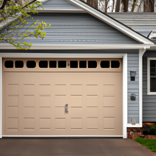 Suburban Tenafly house with a modern sectional garage door in late-afternoon light