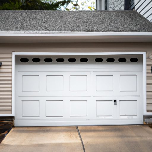 Two-car residential garage door in a Tenafly neighborhood, angled view showing panels and hardware under soft overcast light.