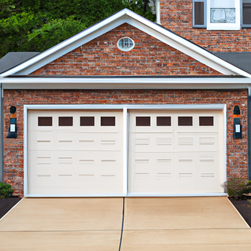 Suburban Tenafly home with a modern sectional garage door, driveway and brick facade, no people.